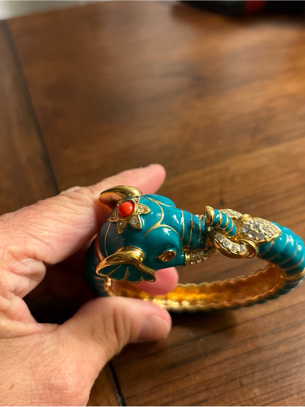 Kenneth Jay Lane KJL Teal Enamel & Rhinestone Elephant Head Cuff Bracelet - Picture 2 of 10